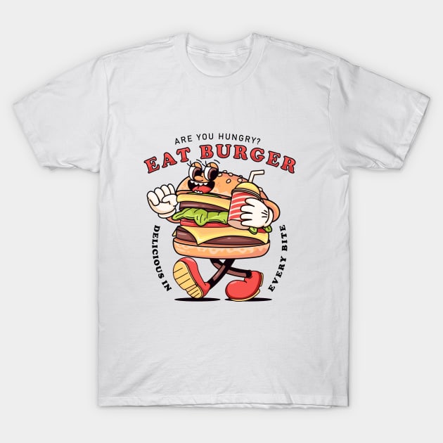 Eat Burger, retro carton burger walking while carrying drinks T-Shirt by Vyndesign